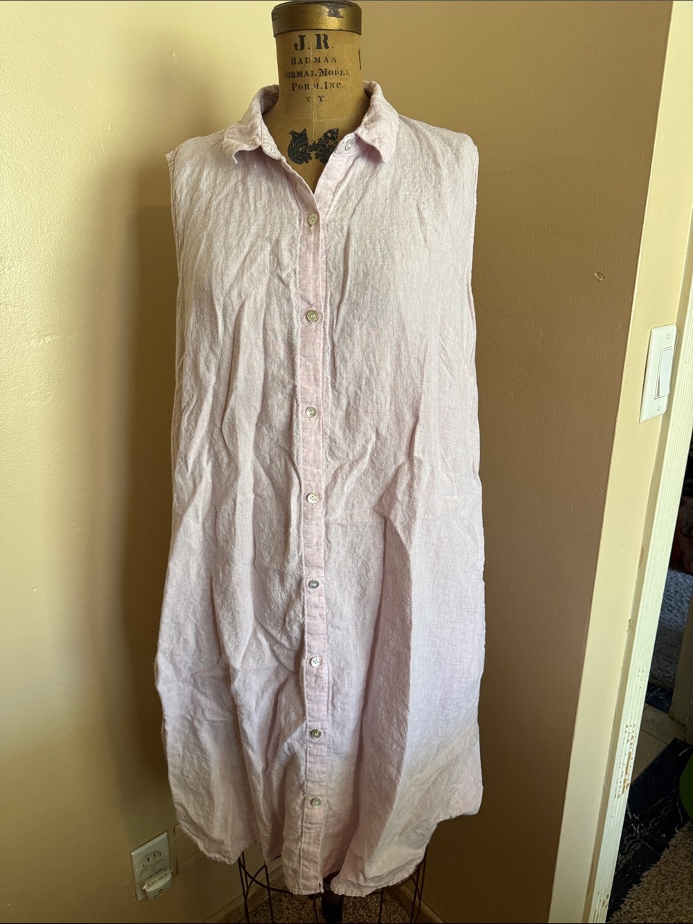 Magaschoni 100% Linen Sleeveless Button Front Shirt Dress XL Blush Pink